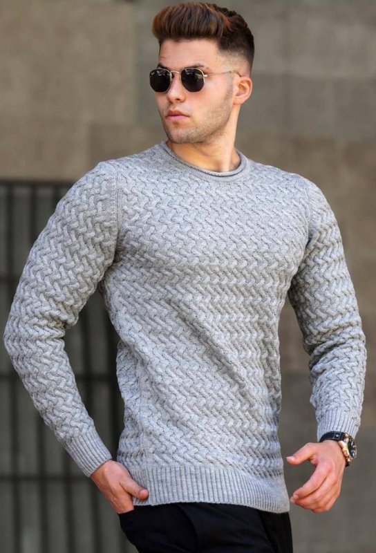 Серый плетеный мужской свитер Т-590