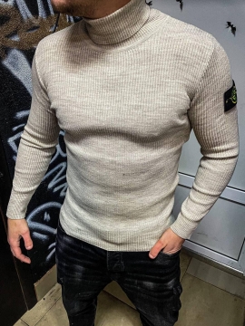 Брендовый бежевый свитер в рубчик под горло Т-632