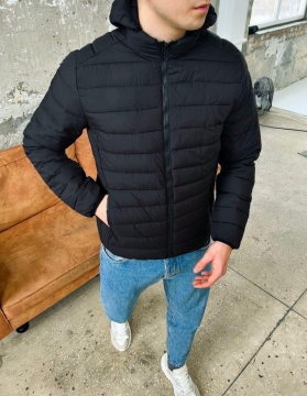 Черная стеганая мужская куртка с капюшоном на весну К-636