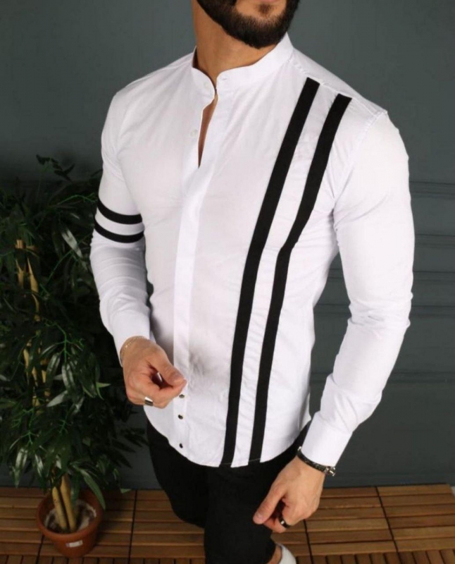 Модная белая мужская рубашка с черными вставками Р-1060