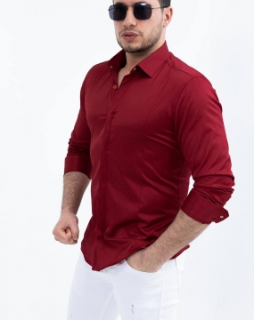Темно красная мужская рубашка с длинным рукавом Р-1090