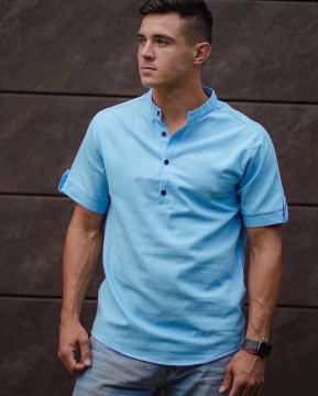 Голубая мужская льняная рубашка на лето Р-1117