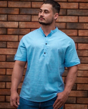Голубая мужская льняная рубашка на лето Р-1117