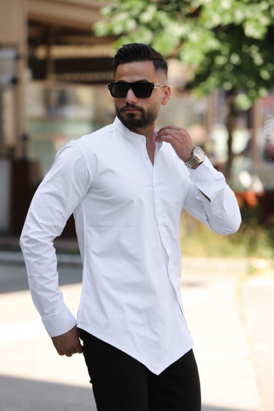 Модная белая косая мужская рубашка с длинным рукавом Р-1123