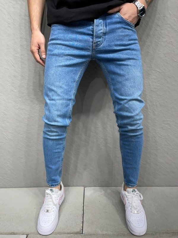 Модные синие зауженные джинсы D-647