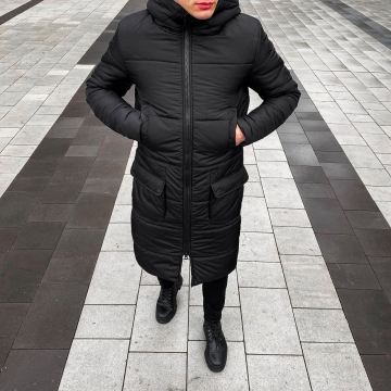 Черная зимняя длинная куртка до колена К-770