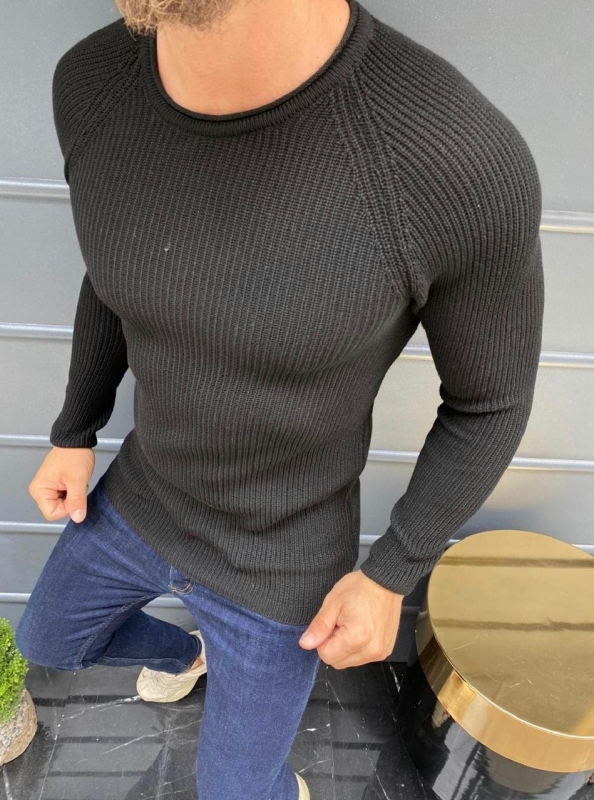 Черный мужской вязаный осенний свитер Т-708