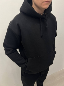 Теплый мужской зимний черный спортивный костюм с капюшоном К-540