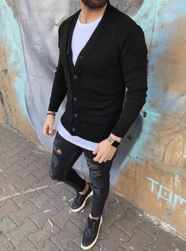 Чорний в'язаний чоловічий кардиган Т-756