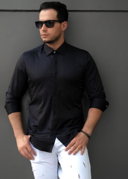 Стильная черная мужская рубашка со скрытыми пуговицами Р-1158