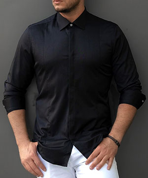 Стильная черная мужская рубашка со скрытыми пуговицами Р-1158