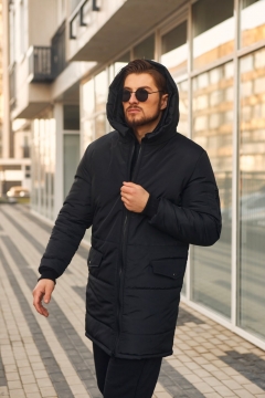 Черная зимняя мужская куртка с капюшоном К-869