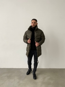 Стильная удлиненная мужская стеганая зимняя куртка хаки К-877