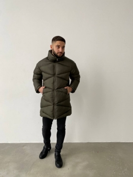 Стильная удлиненная мужская стеганая зимняя куртка хаки К-877