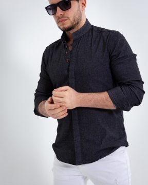 Модная темная приталенная мужская рубашка воротник стойка Р-1192