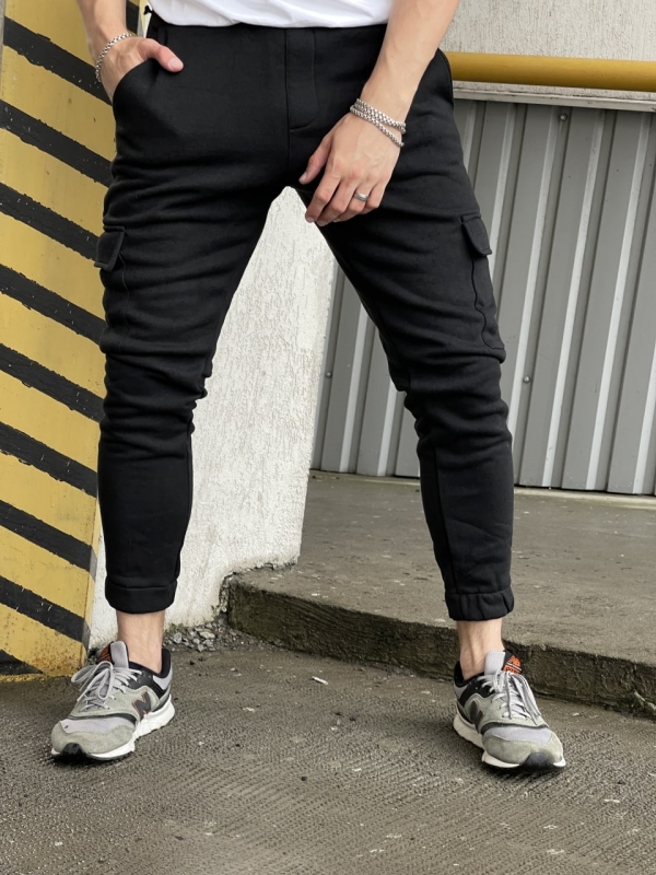 Черные мужские теплые спортивные штаны с карманами осень-зима Б-440