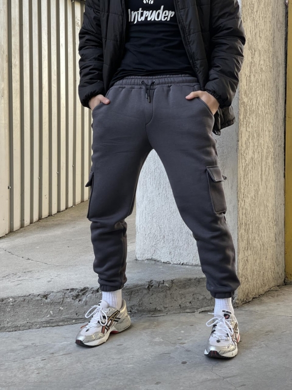 Теплые спортивные штаны графит с карманами Б-441