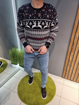 Черный мужской новогодний свитер с оленями без горла Т-814