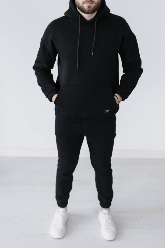 Черный мужской утепленный костюм с капюшоном К-600
