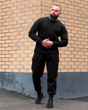 Чорний чоловічий комплект на флісі світшот та штани К-622