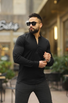 Черная мужская рубашка на 3 пуговицы с длинным рукавом Р-1199