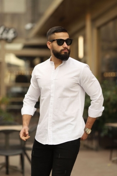 Белая хлопковая мужская однотонная рубашка стойка Р-1202