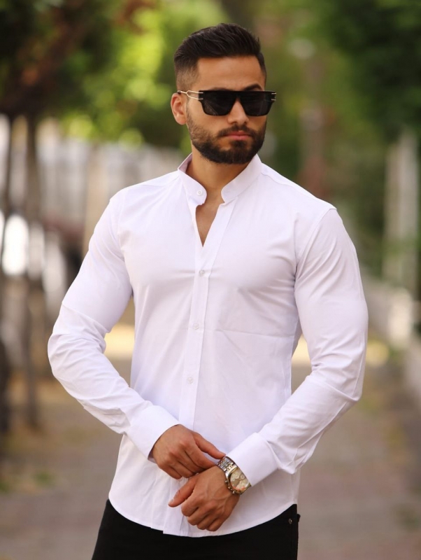Белая приталенная мужская рубашка стойка Р-1215