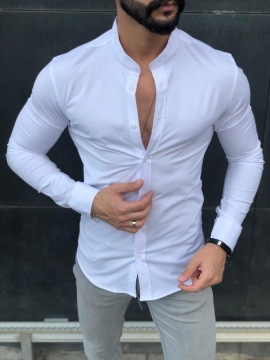 Белая приталенная мужская рубашка стойка Р-1215