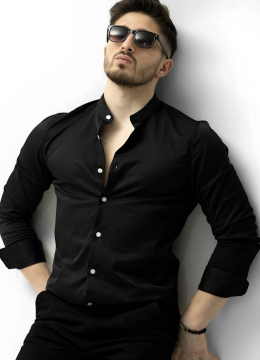 Черная модная рубашка с длинным рукавом со светлыми пуговицами Р-1231