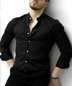 Черная модная рубашка с длинным рукавом со светлыми пуговицами Р-1231