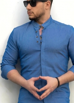 Модна чоловіча темно синя сорочка стійка Р-1236