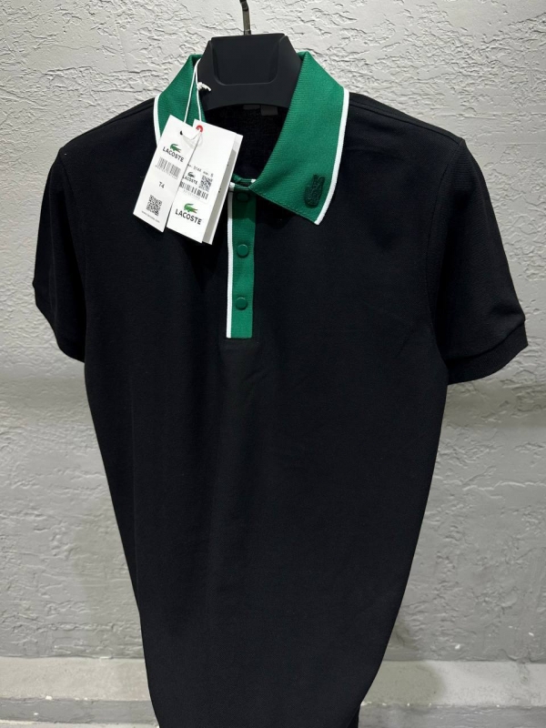 Черное поло Lacoste с зеленым воротником Ф-1280