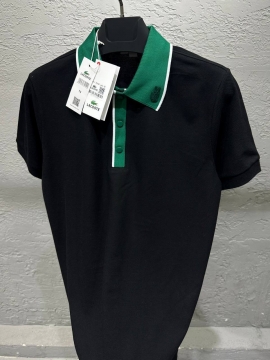 Черное поло Lacoste с зеленым воротником Ф-1280
