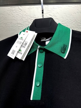 Черное поло Lacoste с зеленым воротником Ф-1280