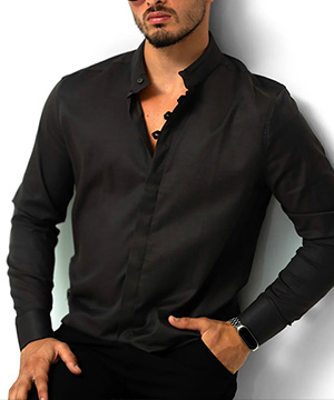 Стильная черная мужская рубашка с закрытыми пуговицами Р-1310