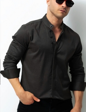 Стильная черная приталенная рубашка воротник стойка Р-1317