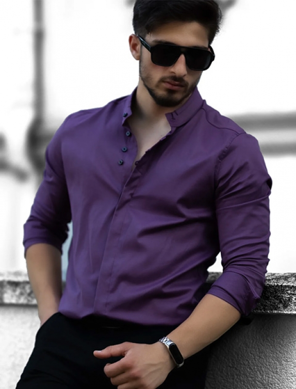 Приталена чоловіча фіолетова сорочка з довгим рукавом Р-1321