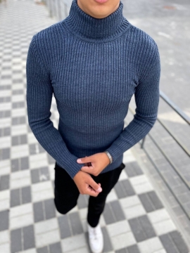 Темно синий мужской шерстяной свитер в рубчик Т-913