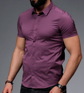 Фиолетовая Мужская Летняя Рубашка с Коротким Рукавом Р-440